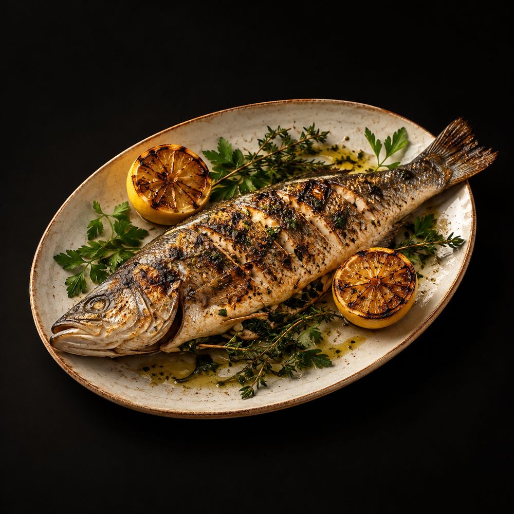 Whole grilled branzino
