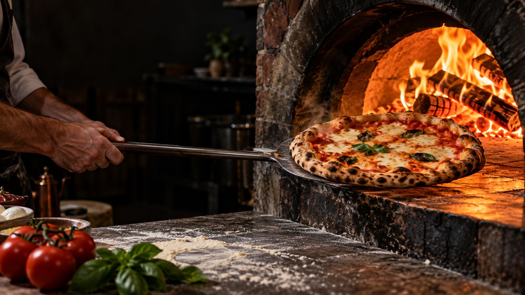 A pizza coming out of a wood-fired oven on a peel