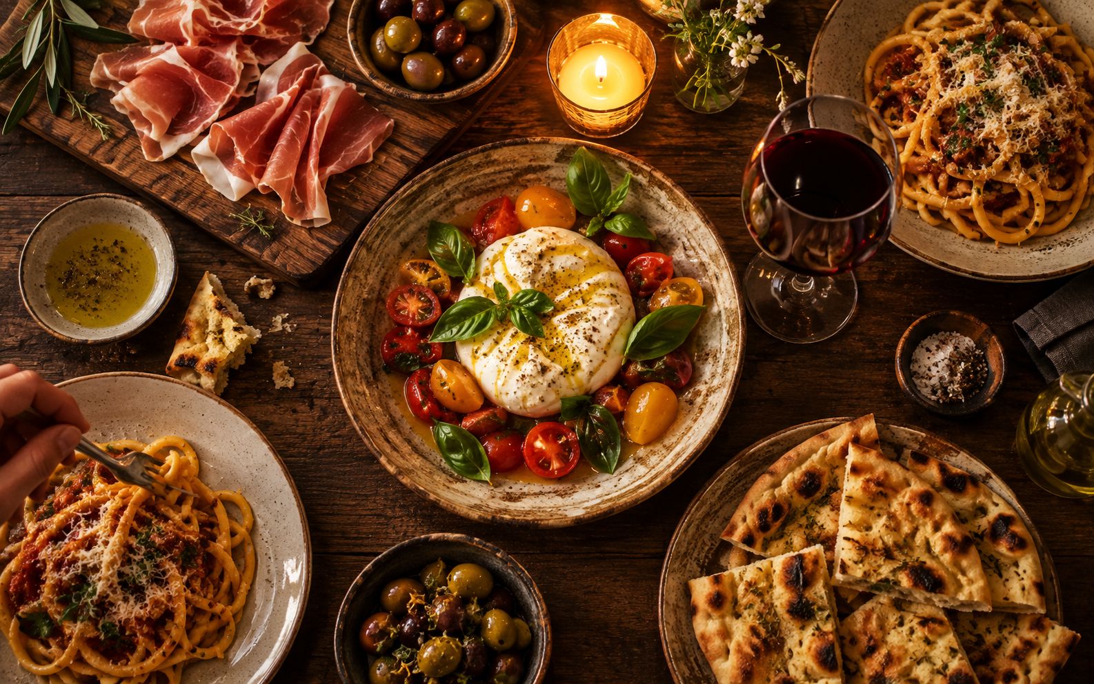 A table of shared dishes and red wine