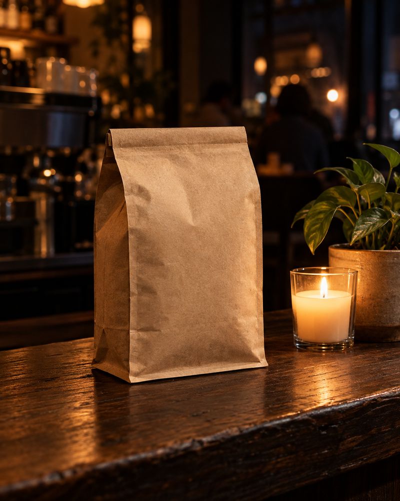 Bag of house coffee beside a candle