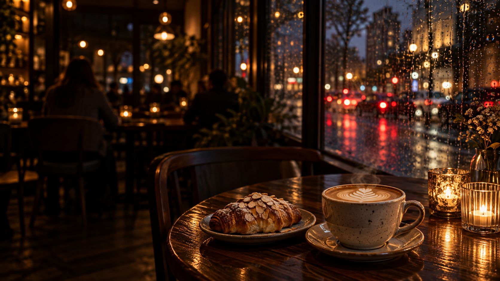 A latte and an almond croissant by a rainy window at night