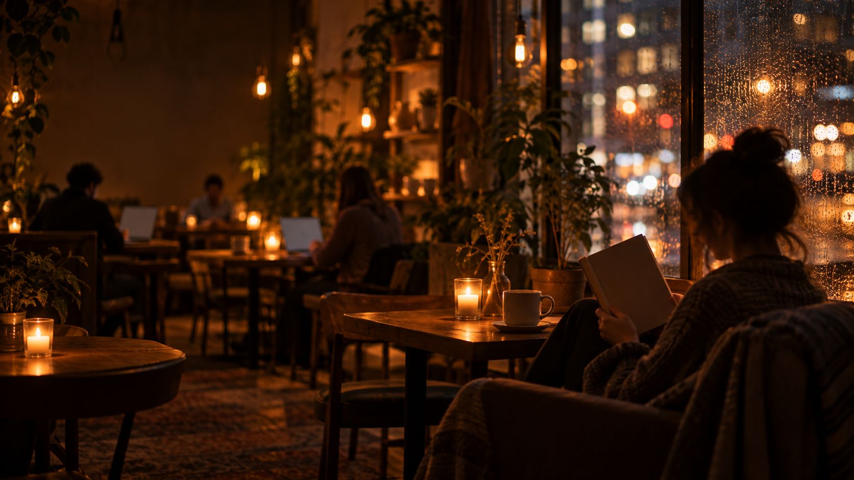 Guests reading and working in the café at night