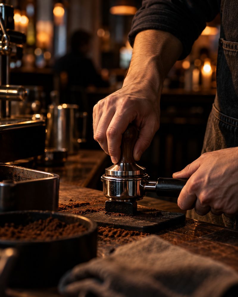 Barista tamping espresso